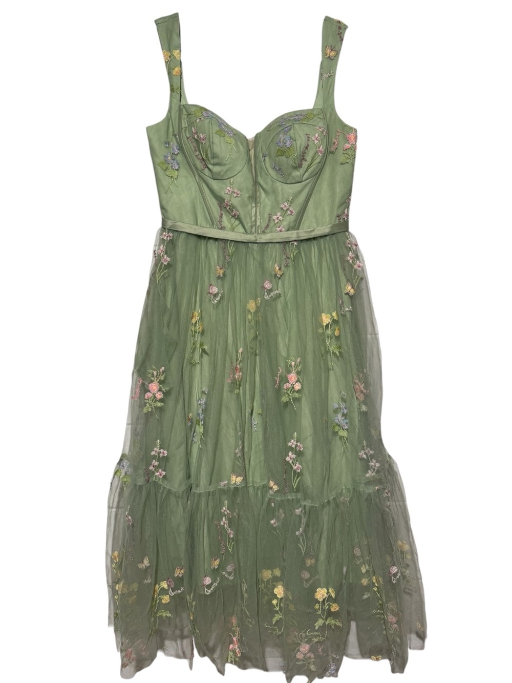Fairy Lace Up Corset Dress Size Large Green Floral Embroidered Midi Mesh Cottage